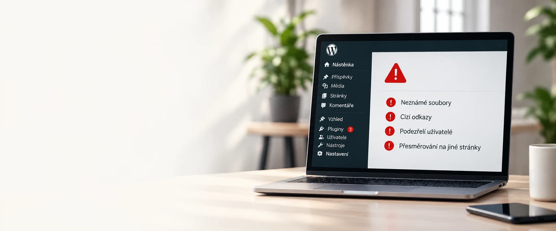 Napadený WordPress zobrazený na notebooku