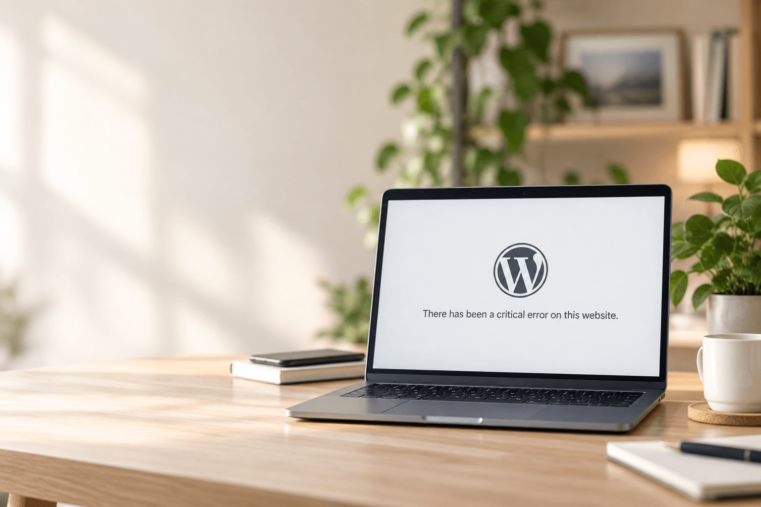Notebook zobrazující kritickou chybu WordPressu